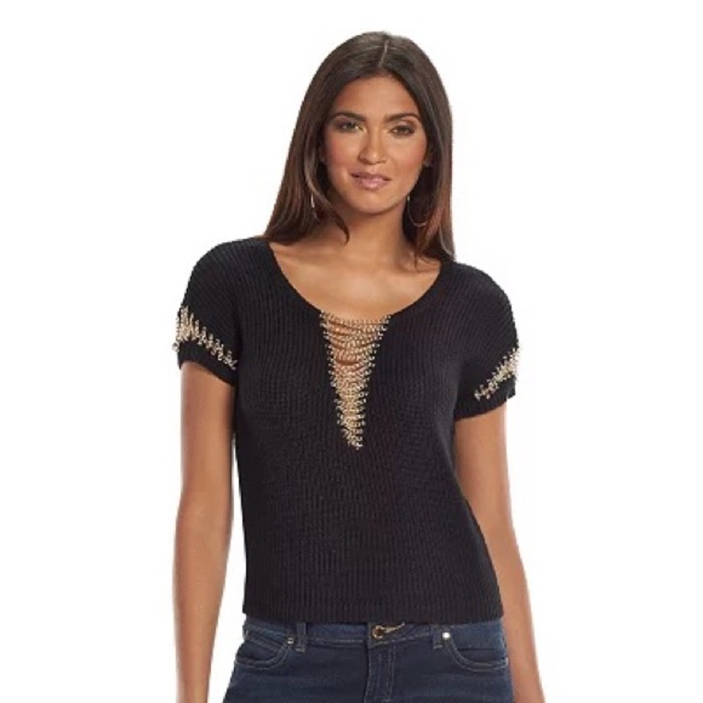 Jennifer Lopez Chain Textured Scoopneck Sweater
